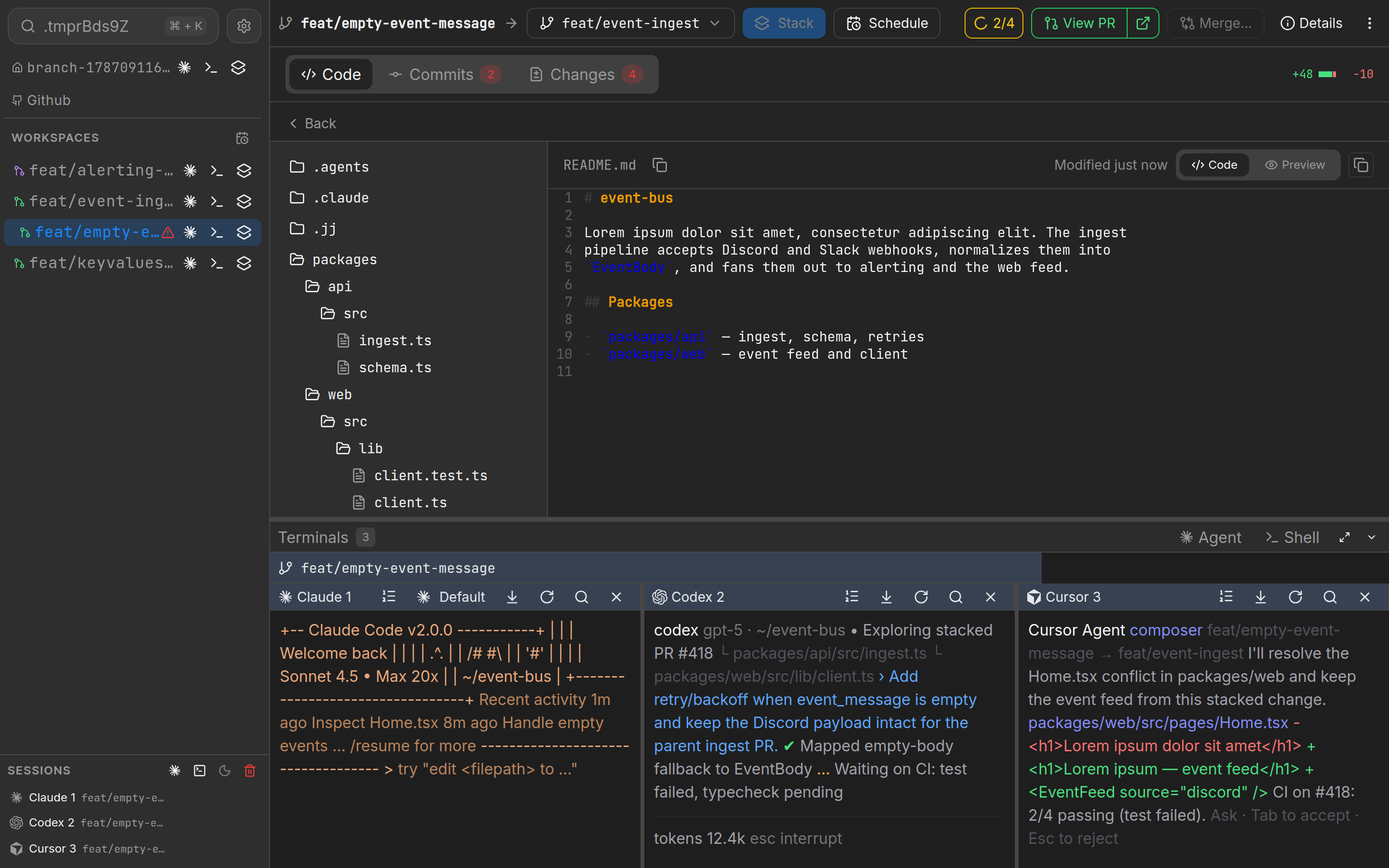Changes tab Resolve conflicts popover with Plan and Edit